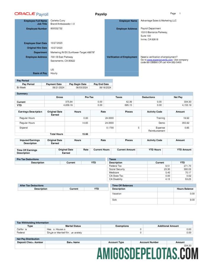 Em branco Modelo de recibo de pagamento Oracle Payroll Advantage Sales & Marketing LLC em formatos Word e PDF.pdf, 1